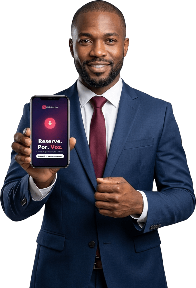 Empresário a mostrar o MOZinONE App no telemóvel
